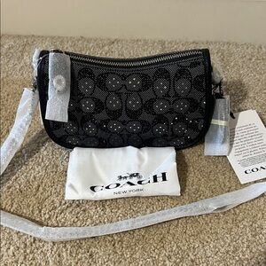 NWT Coach Crystal Jacquard Swinger Black and Silver Crossbody Bag